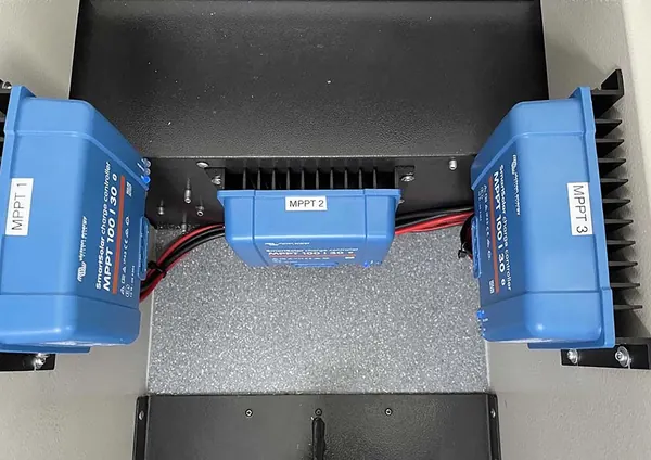 Three solar charge controllers labelled MPPT 1, 2 and 3