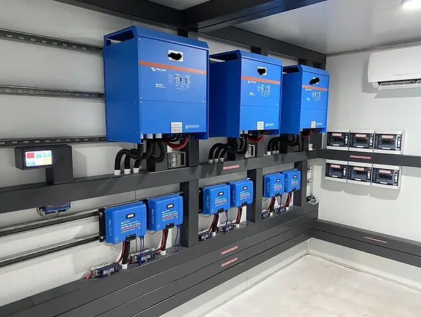 A dedicated inverter room with Victron inverters and charge controllers on a ladder rack